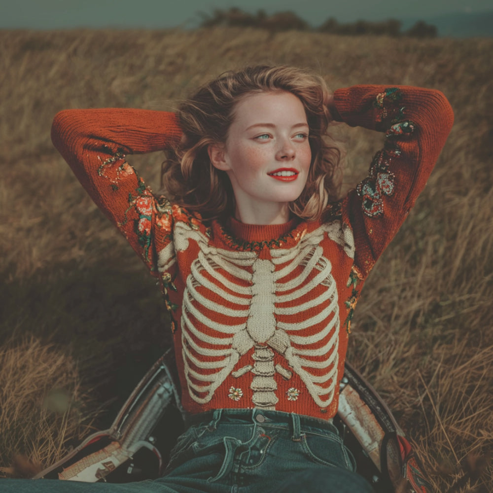 Vintage Halloween Human Anatomy And Flower Round Neck Sweater artswardrobe