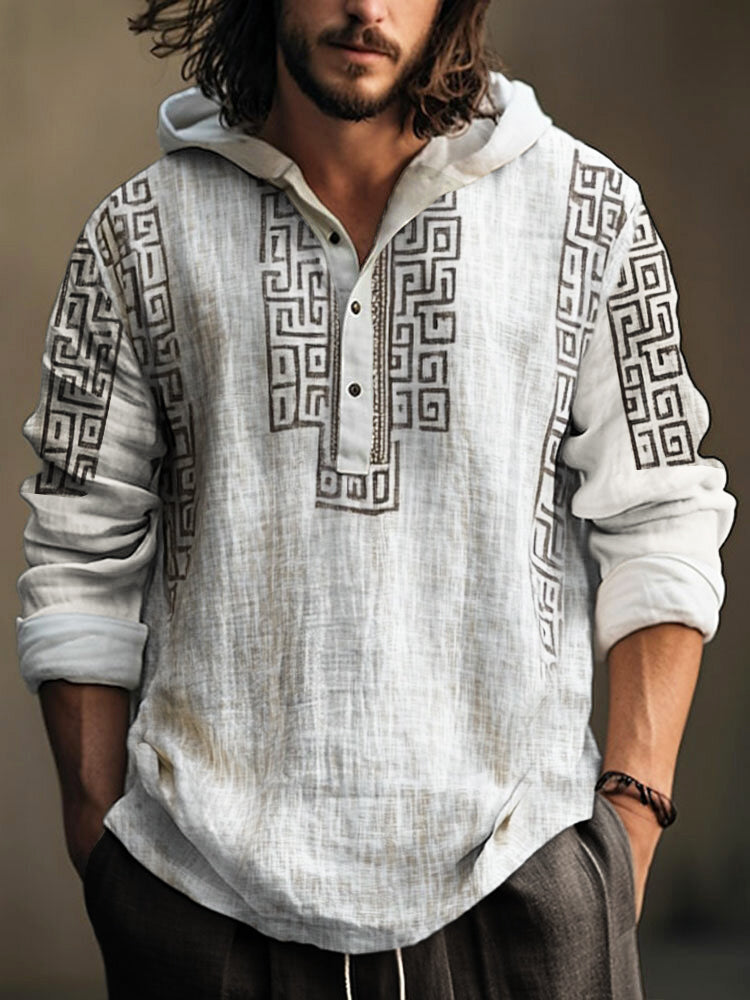 Vintage Greek Key Pattern Men's Hooded Linen Shirt artswardrobe
