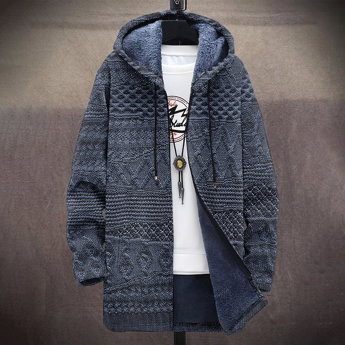 Men's Vintage Knitted Pattern Cozy Plush Hooded Coat elevenforest