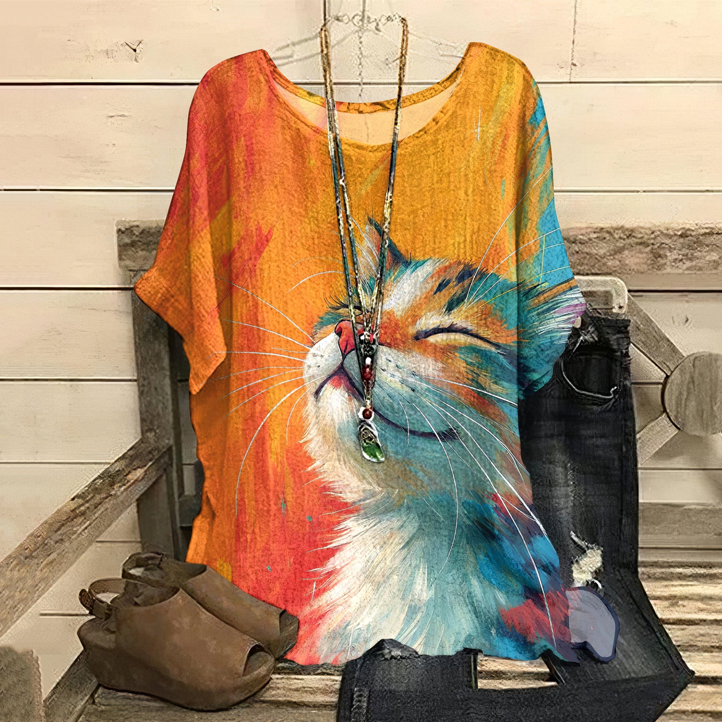Women's Retro Oil Painting Pop Cat Round Collar T-shirt elevenforest