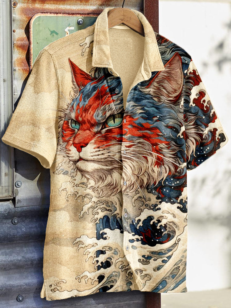 Japanese Great Wave Inspired Mysterious Cat Art Shirt elevenforest