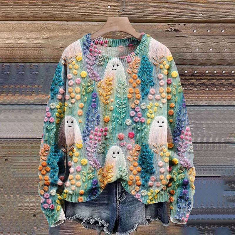 Rainbow Ghost Flower Autumn Season Halloween Art Print Knit Pullover Sweater artswardrobe