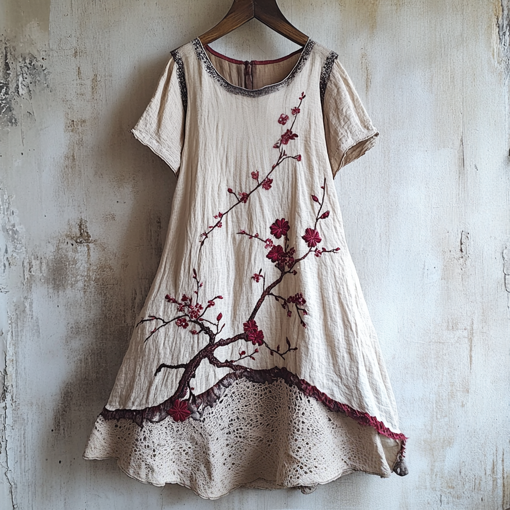Retro Sakura Art Irregular Comfort Short Sleeve Dress artswardrobe