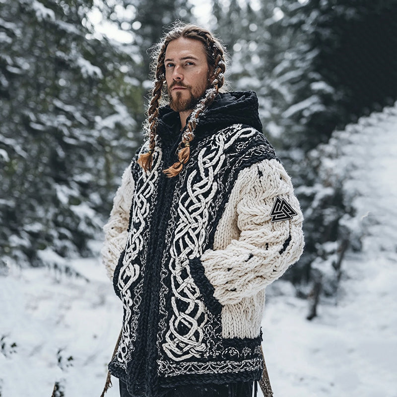 Men's Viking Tribal Jacquard Celtic Chunky Knit Zipper Hooded Cardigan elevenforest