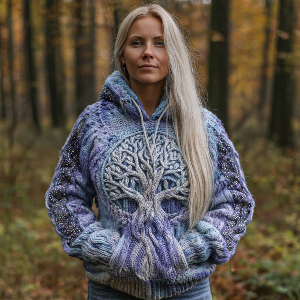 Women's Viking Tree Of Life Blue Purple Tie Dye Hooded Sweater artswardrobe