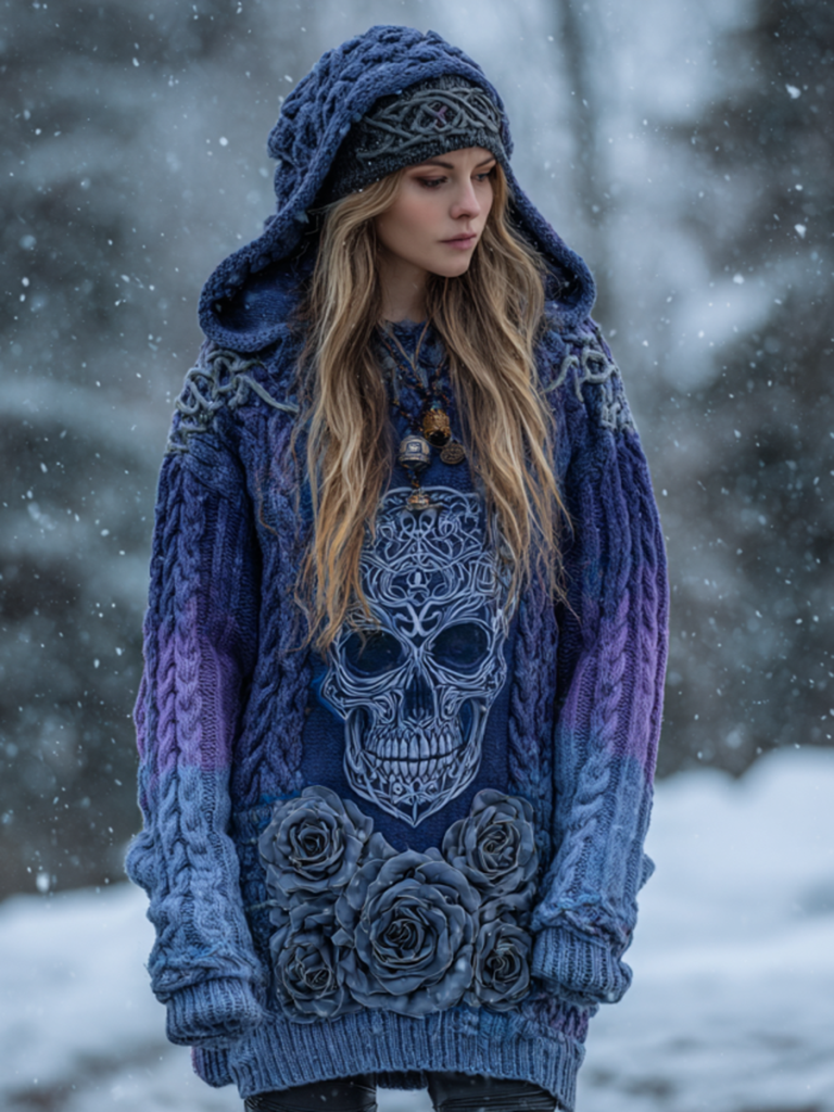Women's Viking Tribal Jacquard Celtic With Rose And Skull Inspired Chunky Knit Hooded Sweater artswardrobe