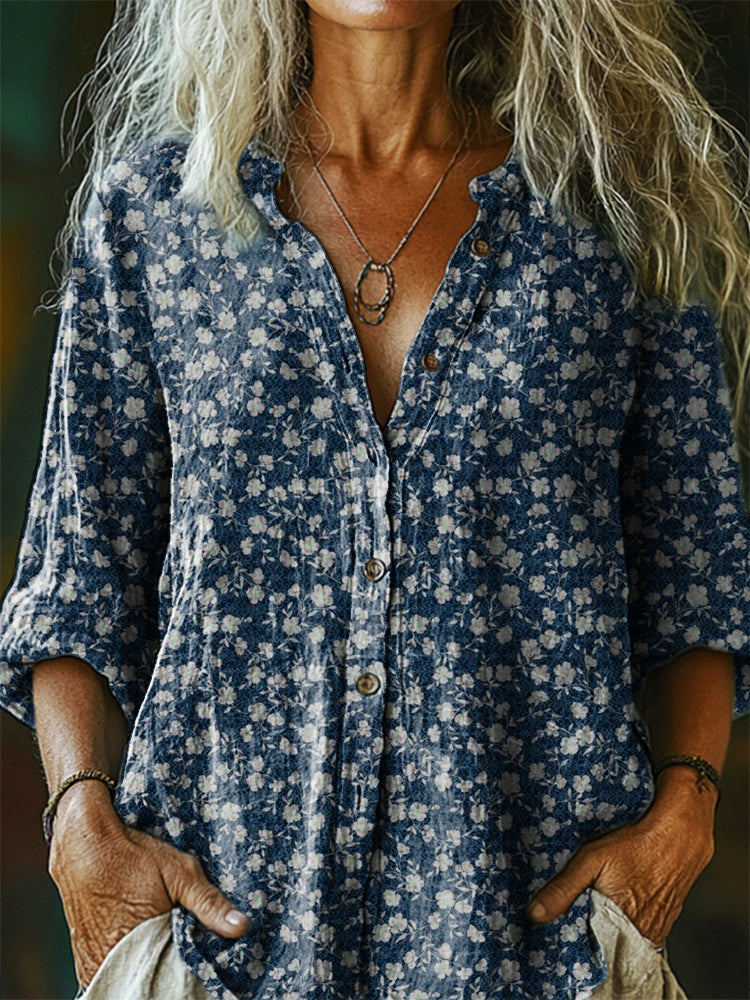 Women's Vintage Floral Art Print Casual Cotton And Linen Shirt