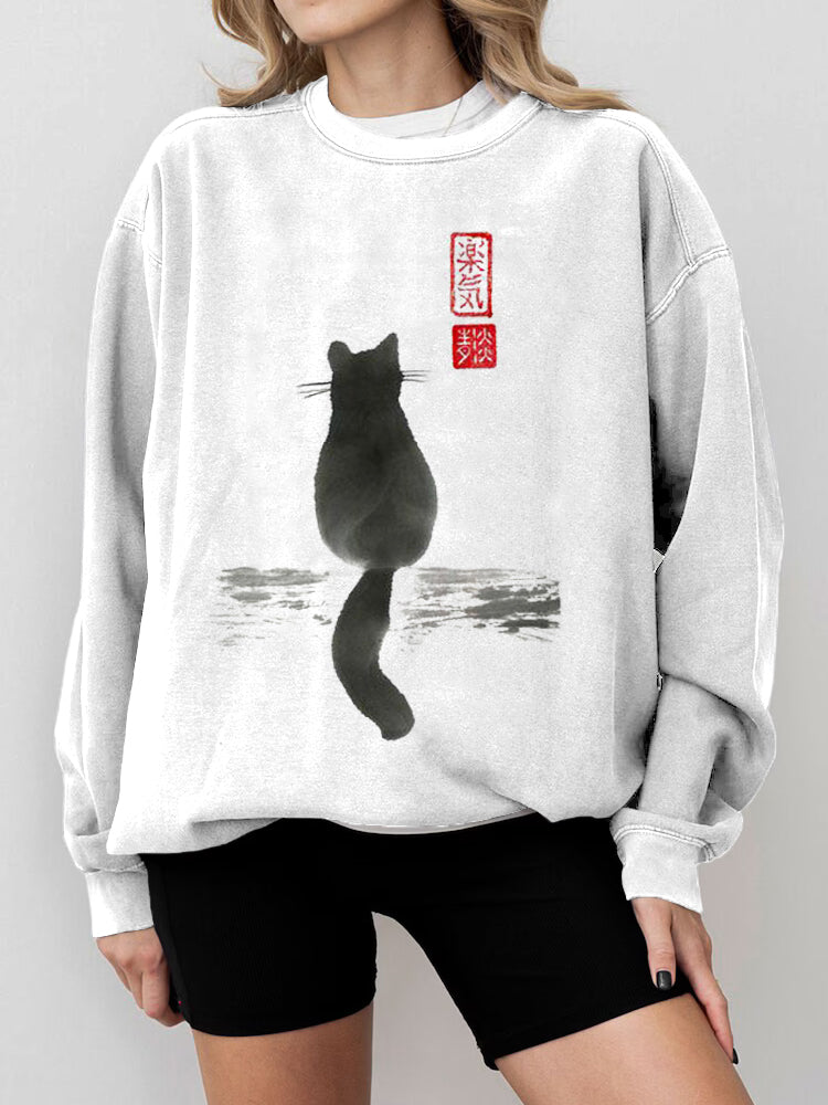 Japanese Cat Art Crew Neck Vintage Cozy Sweatshirt elevenforest