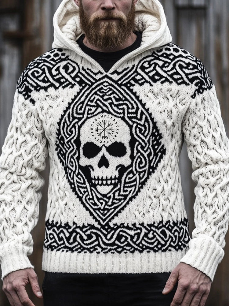 Men's Viking Skull Inspired Jacquard Comfy Hooded Sweater artswardrobe