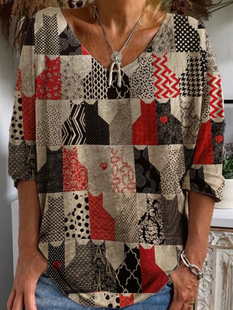 Vintage Cat Patchwork Pattern Long Sleeve Tops