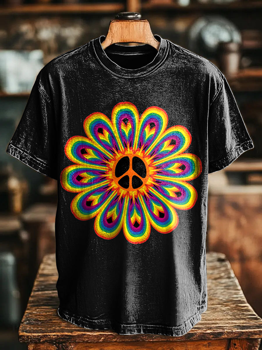 Vintage Rainbow Flowers Hippie Art Print Casual T-shirt For Men And Wo