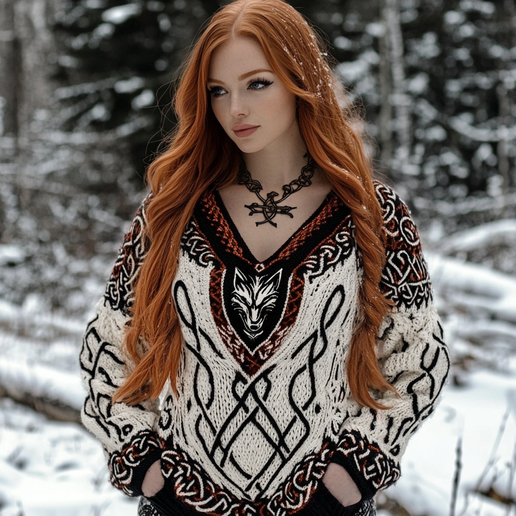 Women's Viking Wolf Jacquard Celtic Style Knit V-neck Sweater artswardrobe