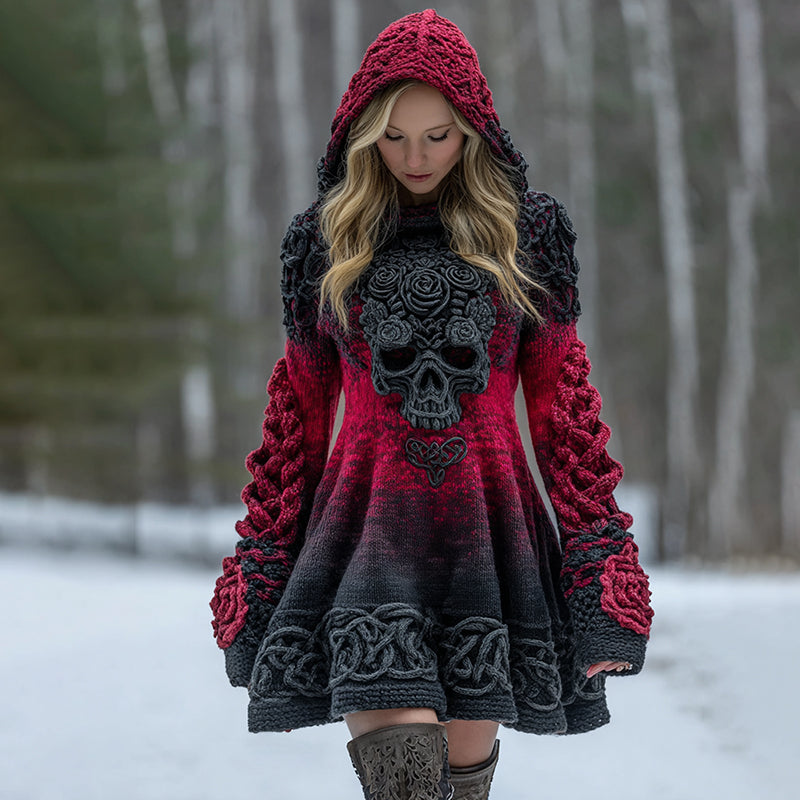 Women's Viking Tribal Celtic Skull Gradient Art Hooded Sweater Dress artswardrobe