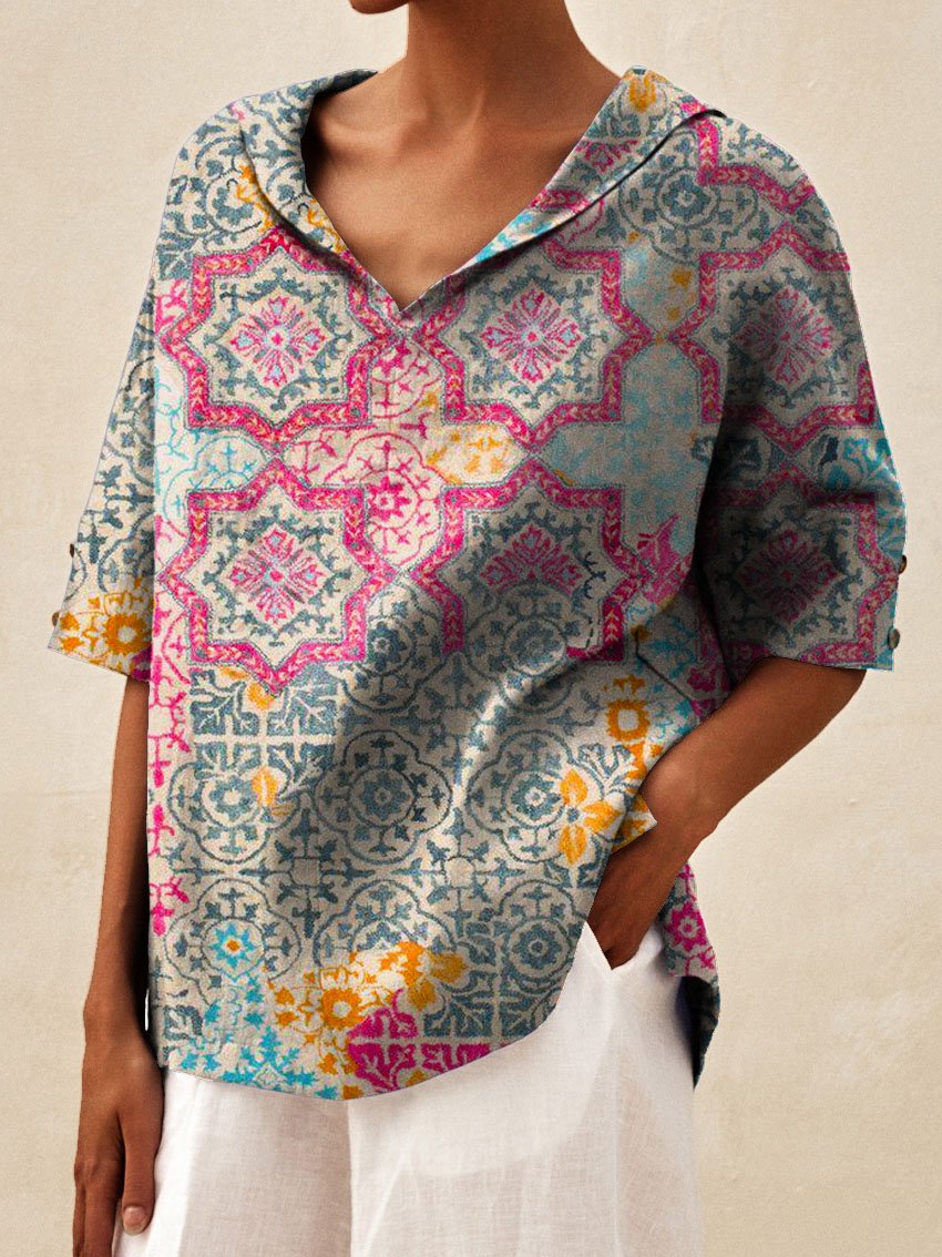 Women's Vintage Ethnic Floral Art Print Casual Linen V-neck Shirt