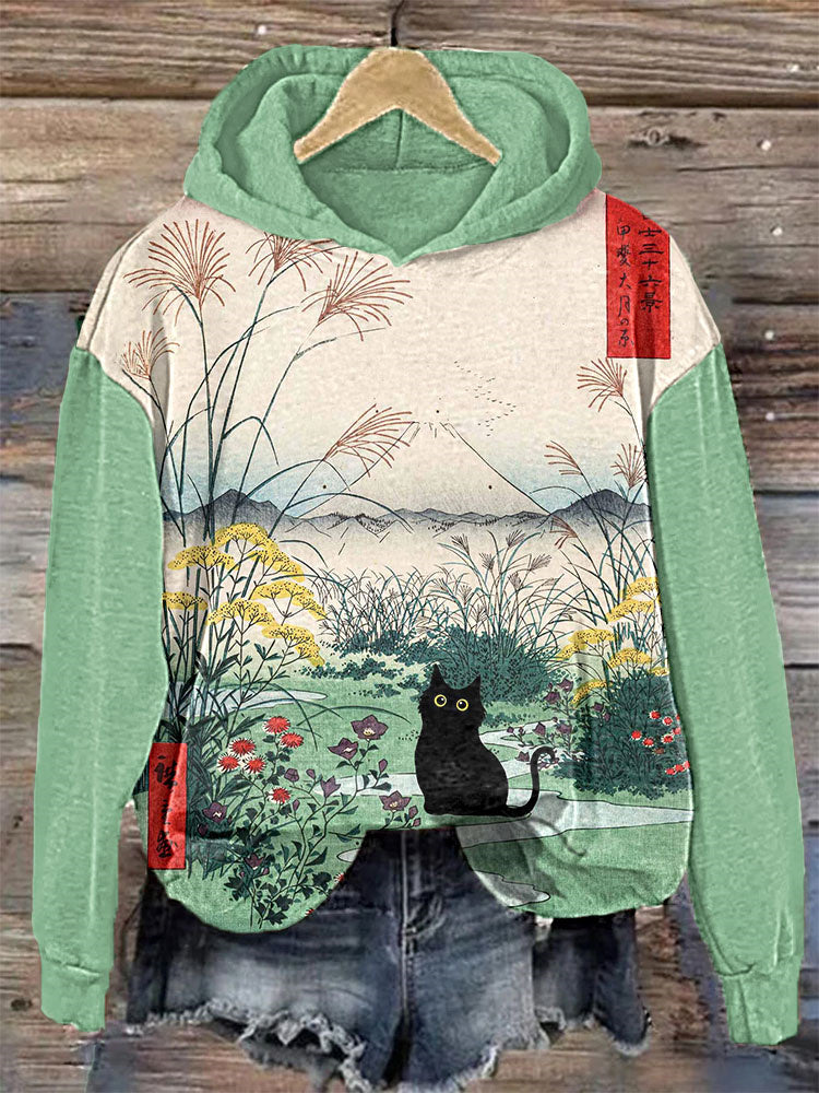 Japanese Art Painting Black Cat Print Casual Cozy Hoodie elevenforest