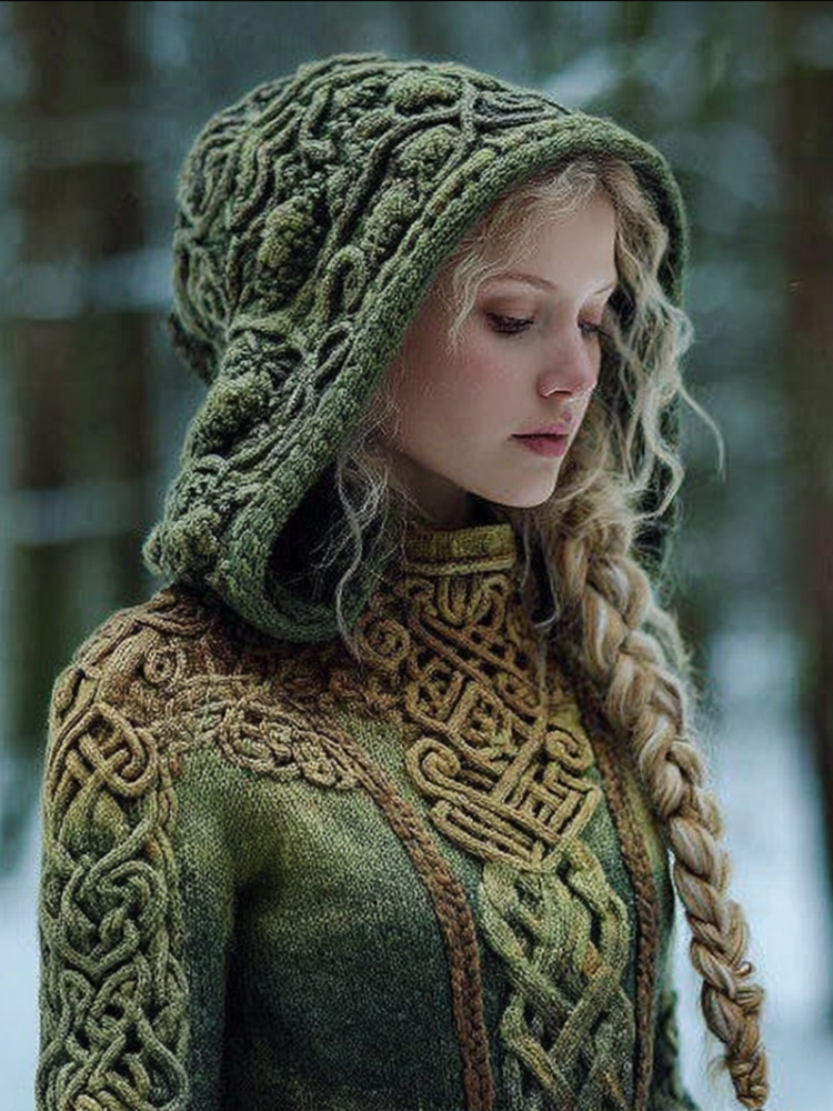 Women's Hooded Thick Sweater With Viking Style Tribal Totem artswardrobe