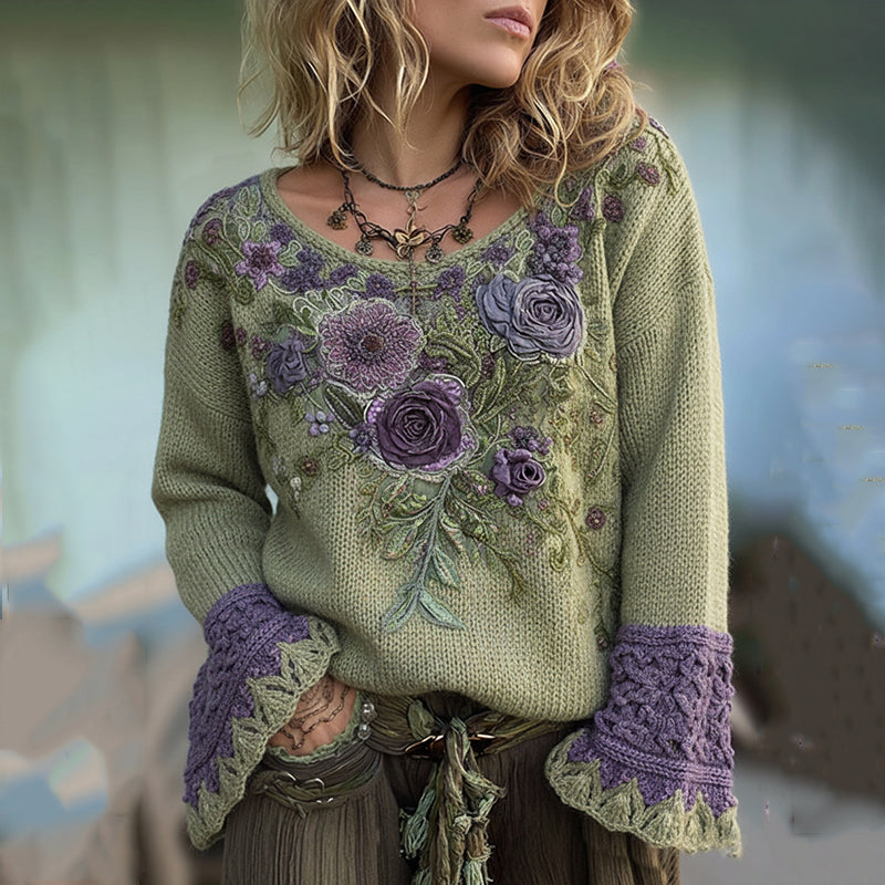 Classy Gradient Purple Lavender And Floral Embroidered Sweater artswardrobe
