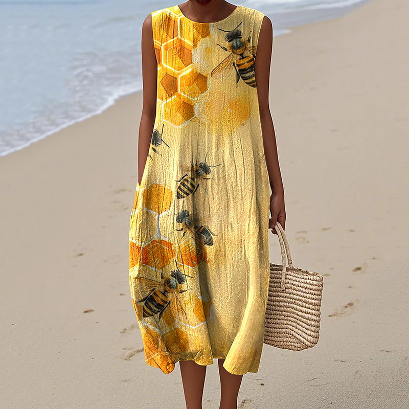 Women's Vintage Bee Art Print Casual Dress artswardrobe