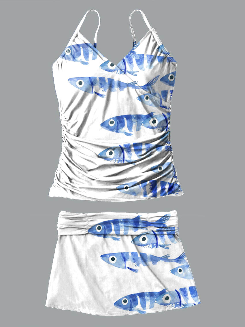 V-Neck Sardines Ink Art Print Suspender Skirt Tankini Pantskirt Set Swimsuit