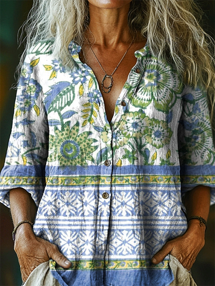 Women's Vintage Ethnic Floral Tattoo Pattern Art Print Casual Cotton L