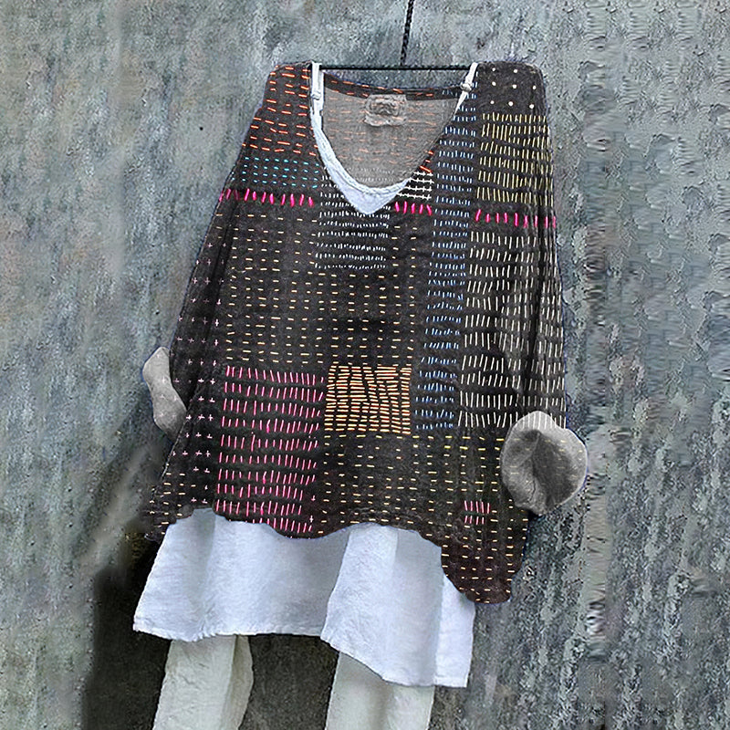 Women's Japanese Style Stitch Art Pattern Vintage Linen Shirt artswardrobe