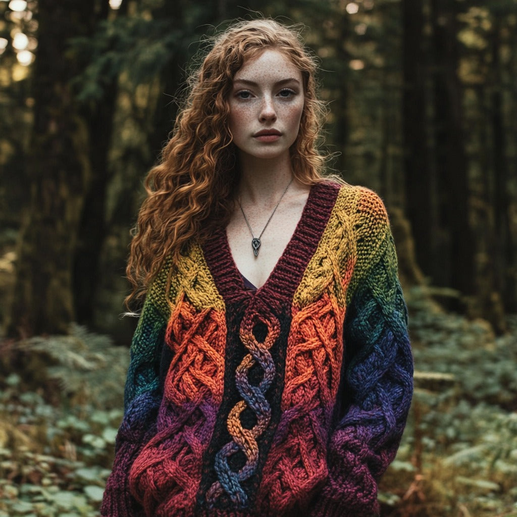 Vintage Rainbow Gradient Celtic Jacquard Chunky V-neck Aran Sweater elevenforest