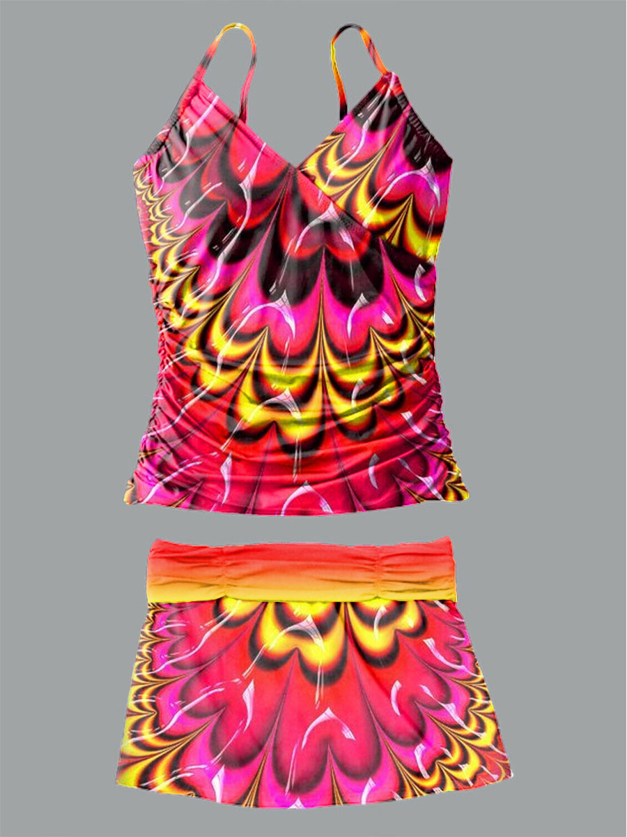 Women's Psychedelic Mandala Print Suspender Shirred Swimsuit Set