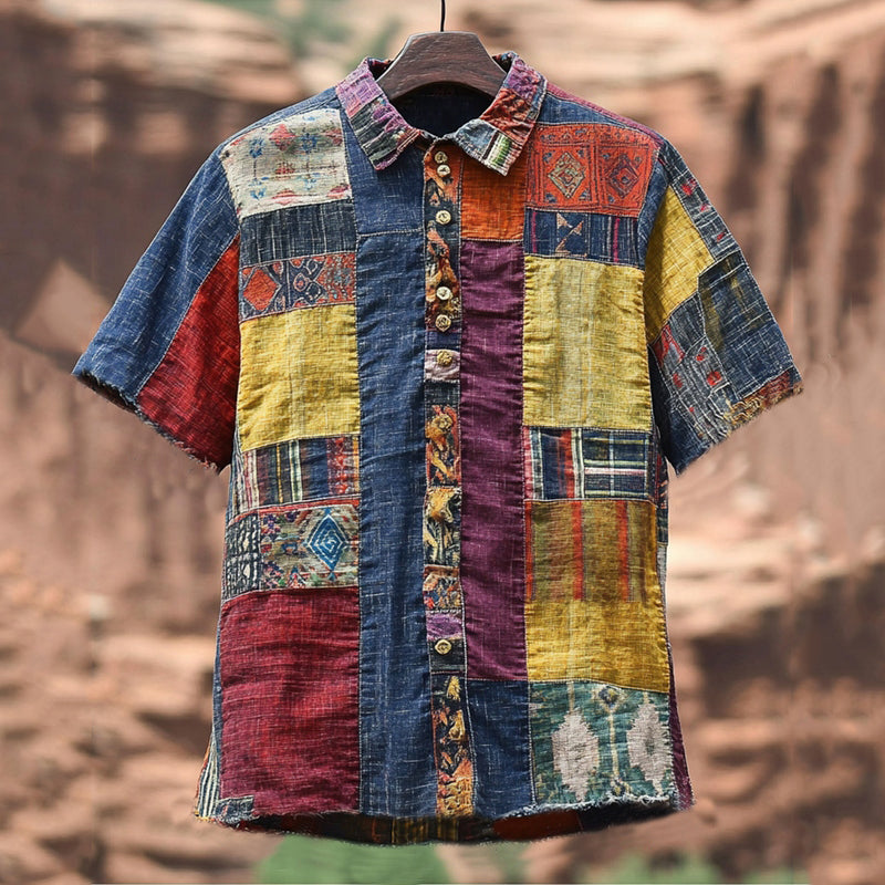 Men's Vintage Spliced contrasting Linen Shirt artswardrobe