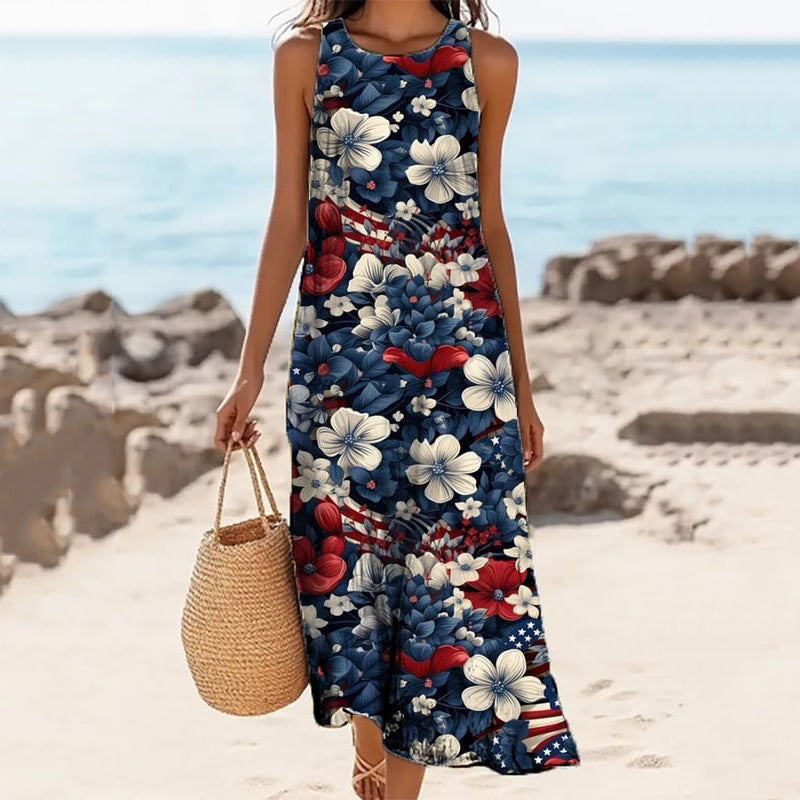 Women's Independence Day Flag Floral Print Midi Dress artswardrobe