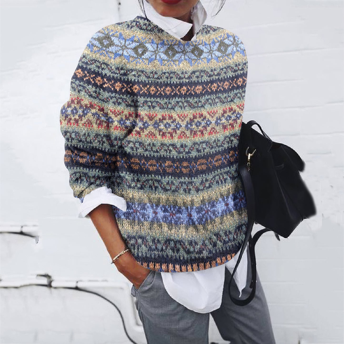 Vintage Geometric Ethnic Pattern Print Crew Neck Sweater elevenforest