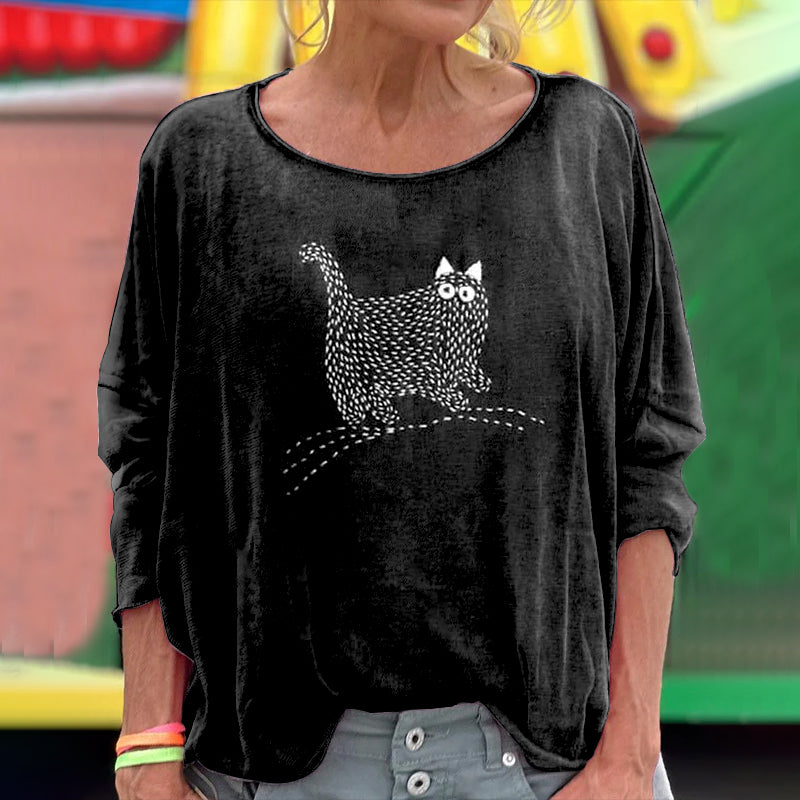 Women's Cute Cat Japanese Art Embroidered Long Sleeve T-shirt artswardrobe