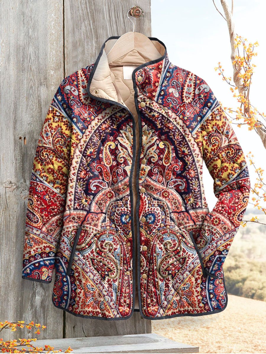 Women's Vintage Floral Art Print Casual Quilted Cardigan