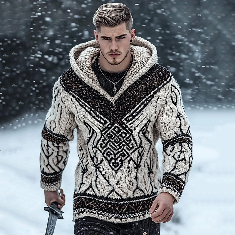 Men's Viking Tribal Jacquard Celtic Inspired Cozy Hooded Sweater artswardrobe