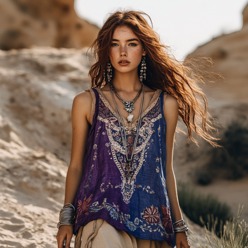 Women's Bohemia Ethnic Patchwork Style Linen Sleeveless Top artswardrobe