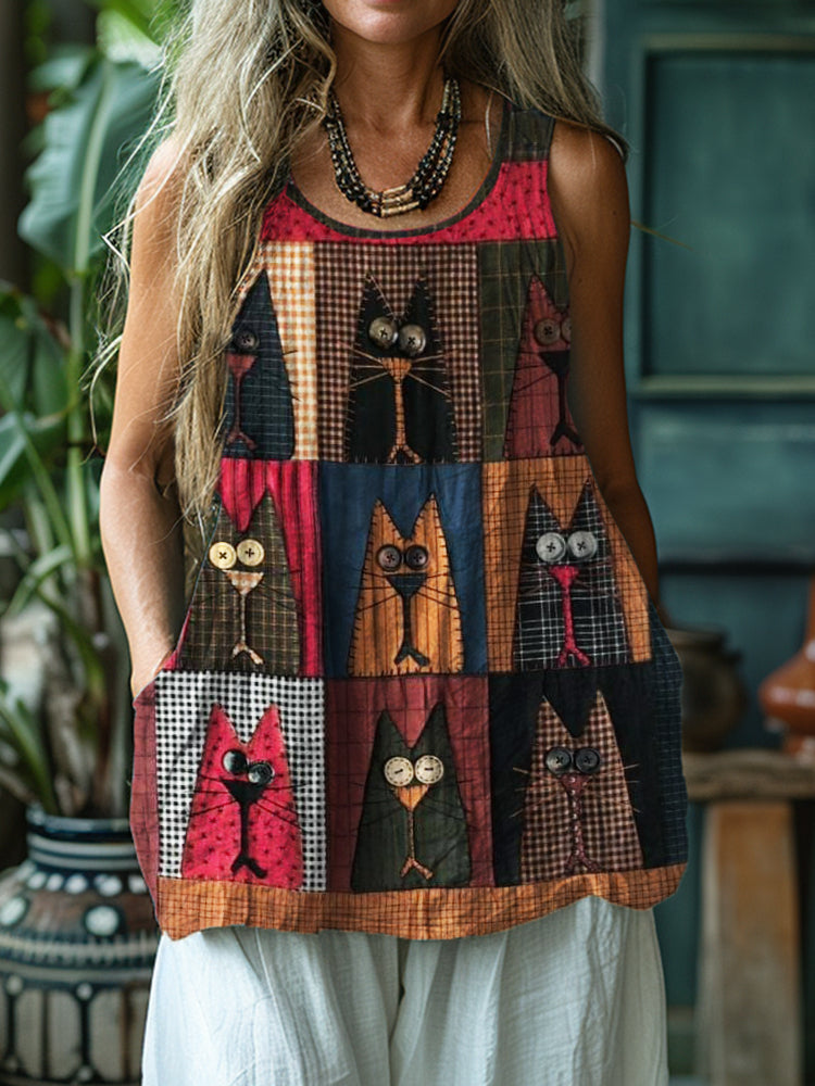 Colorful Cats Patchwork Check Fiber Art Linen Tank Top elevenforest