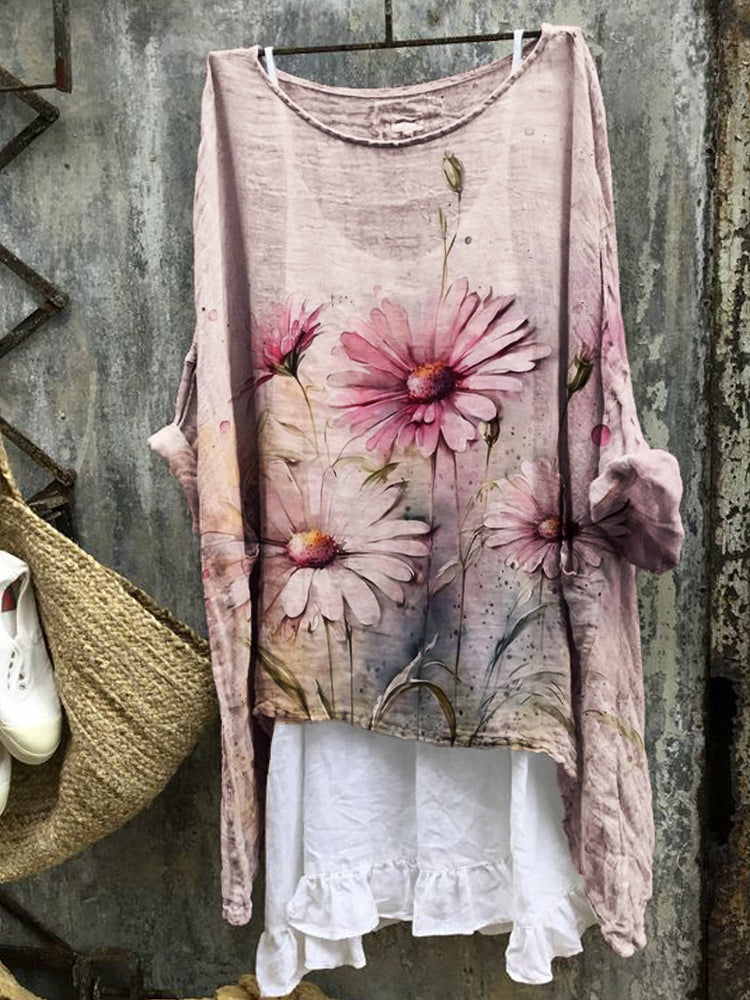 Comstylish Pink Daisies Watercolor Flowy Linen Blend Tunic