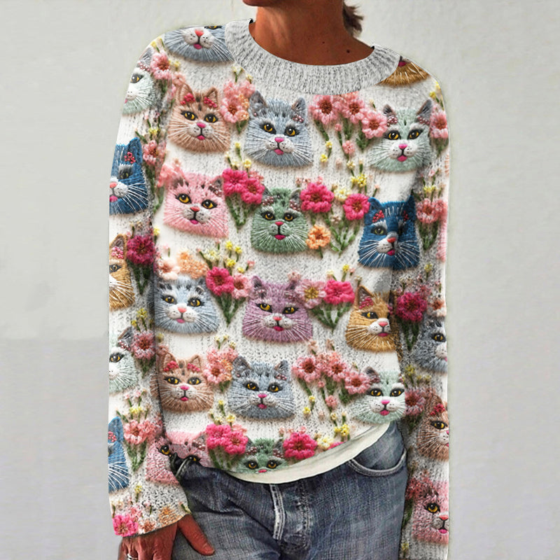 Comstylish Vintage Cat And Flower Embroidery Art Crew Neck Cozy Sweater