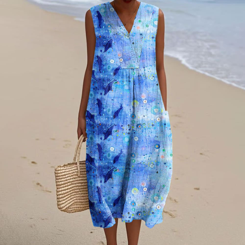 Vintage Fish Printed Linen Casual Tank Dress artswardrobe