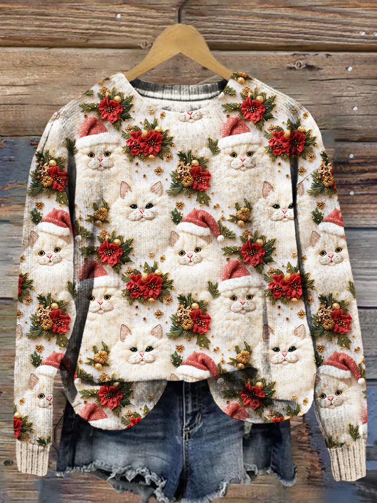 Vintage Christmas Santa Cats Cozy Knit Sweater elevenforest