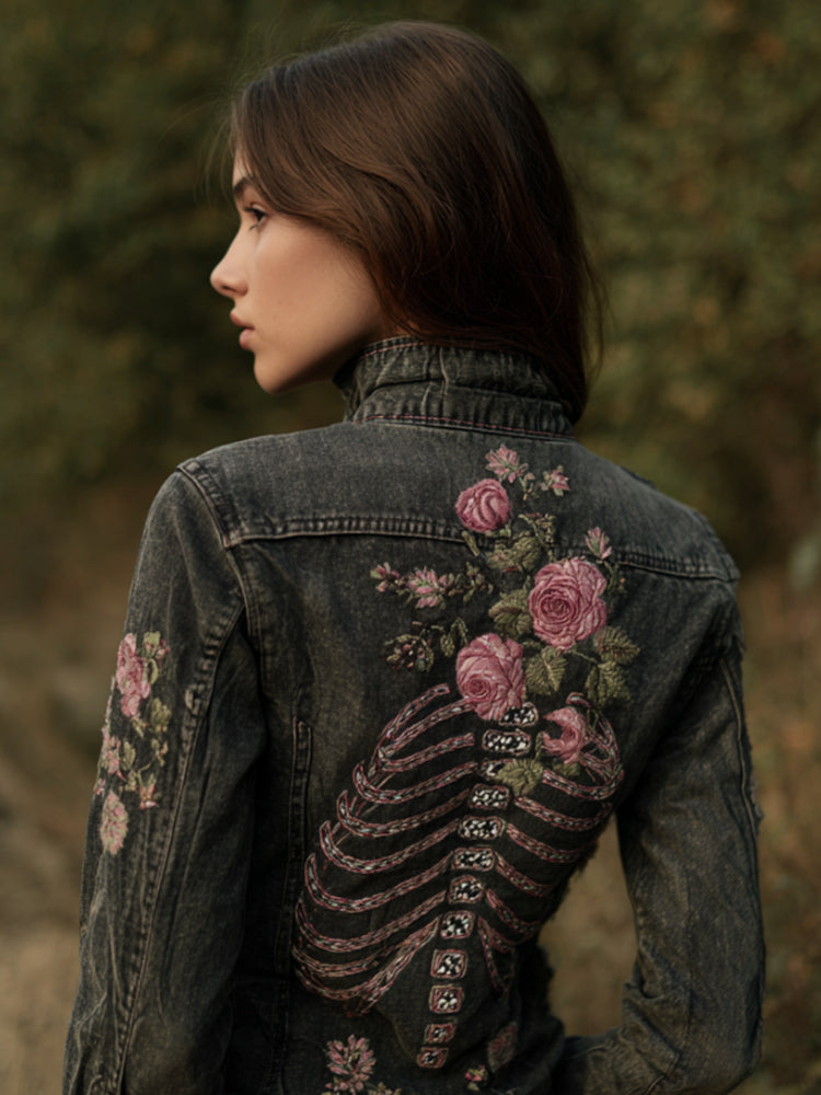 Comstylish Women's Vintage-inspired Skull Art Floral Lapel Long-sleeved Shirt