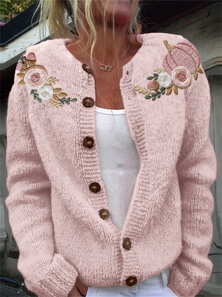 Thanksgiving Pink Pumpkin Floral Embroidered Cozy Knit Cardigan artswardrobe