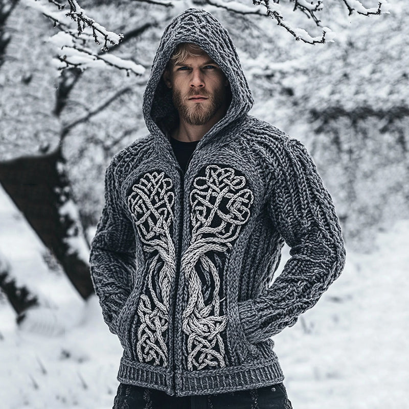 Tribal Viking Life Of Tree Chunky Knit Jacquard Zip-up Hooded Sweater artswardrobe