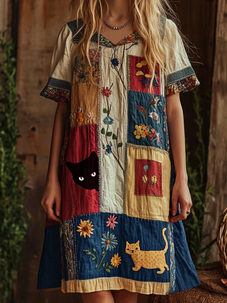 Vintage Abstract Creative Cute Cat In Floral Art Embroidered Cozy Linen Short Sleeve Midi Dress elevenforest