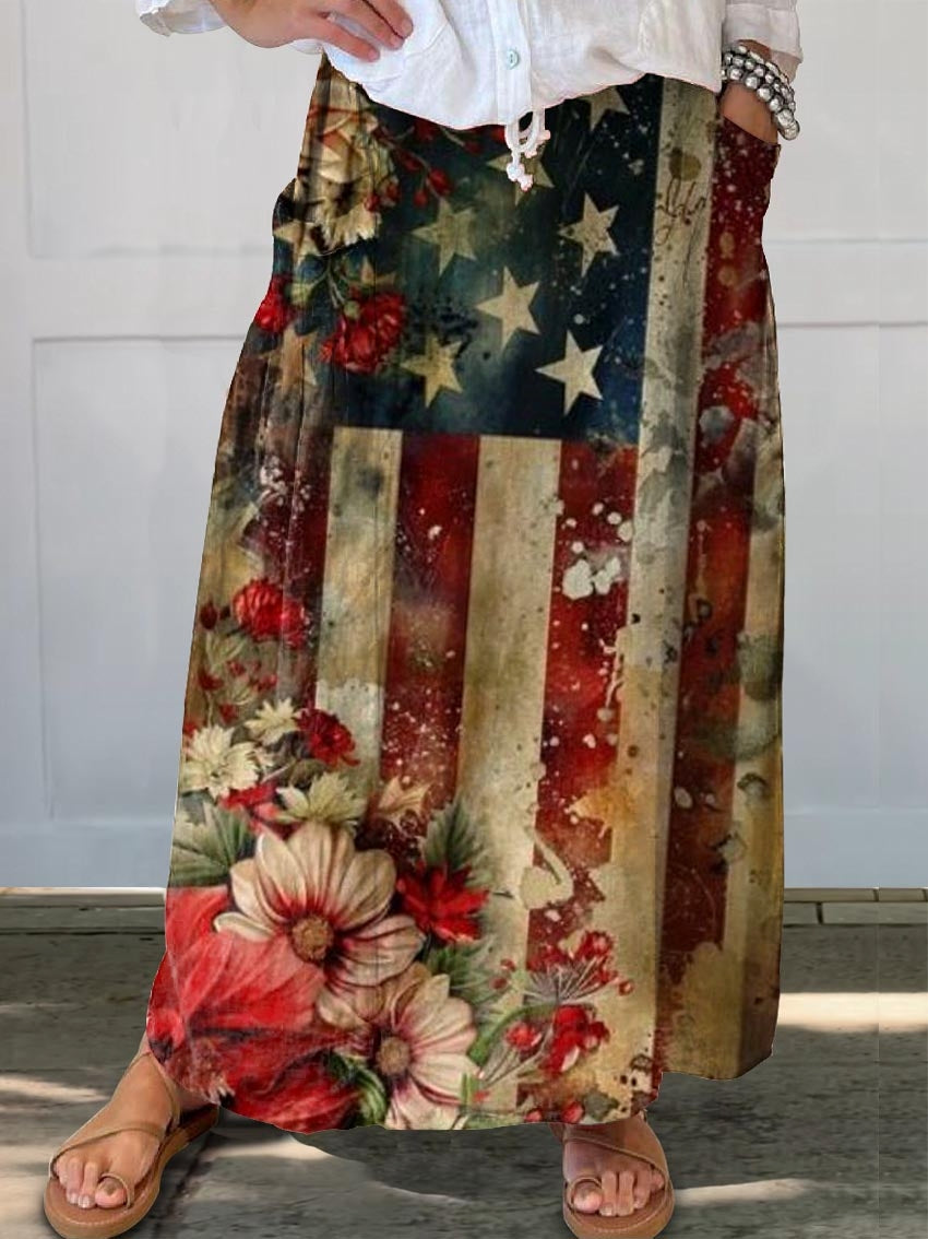 Women's Vintage Flag Floral Art Print Linen Pocket Skirt
