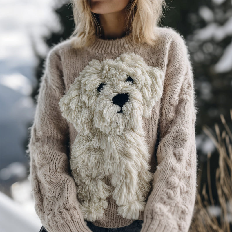 Cute Fuzzy Dog Embroidered Cozy Knit Sweater elevenforest