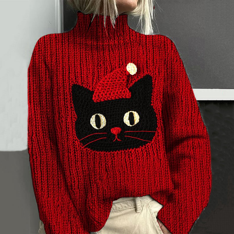 Cute Christmas Cat Turtleneck Knitted Sweater elevenforest
