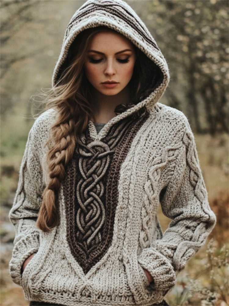 Vintage Celtic Contrast Color Chunky Cozy Hooded Sweater artswardrobe