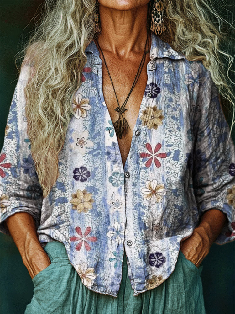 Women's Hippie Art Floral Print V Neck Shirt