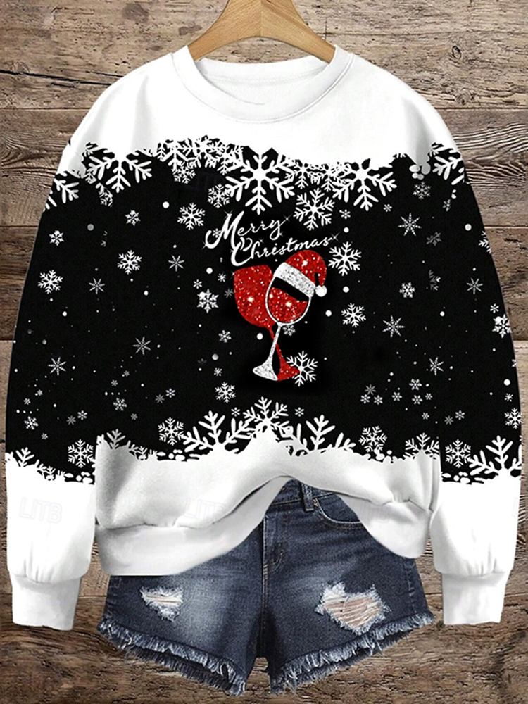 Comstylish Women's Festive Wine Glass Santa Hat Christmas Snowflakes Print Casual Sweatshirt