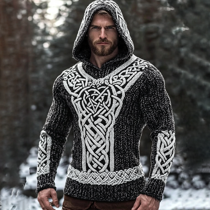 Men's Viking Pattern Jacquard Cozy Hooded Sweater artswardrobe